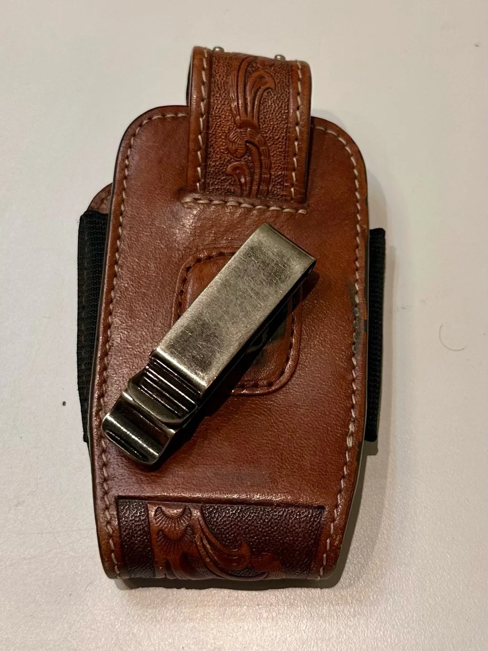 Tooled Brown Leather Western Belt Holster with Floral Design